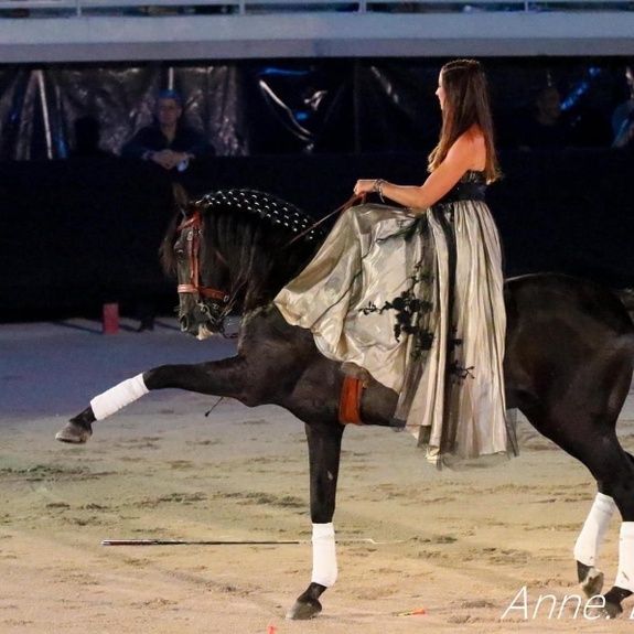 Cavalière en robe sur un cheval sombre pendant un numéro de dressage au cabaret. Crédit visible : Anne ; photo diffusée par le partenaire.